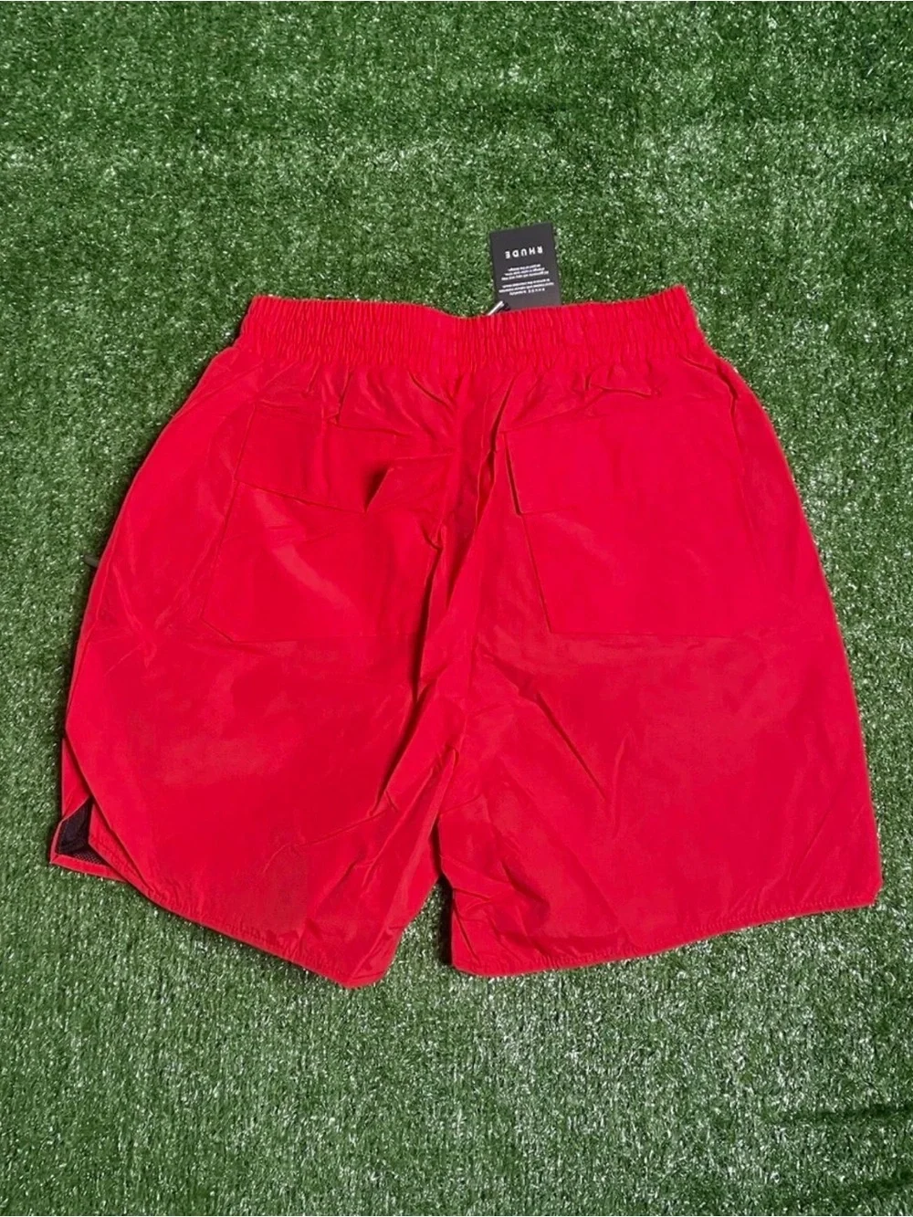 Rhude Red Swim Shorts with White Logo and Yellow Drawstring